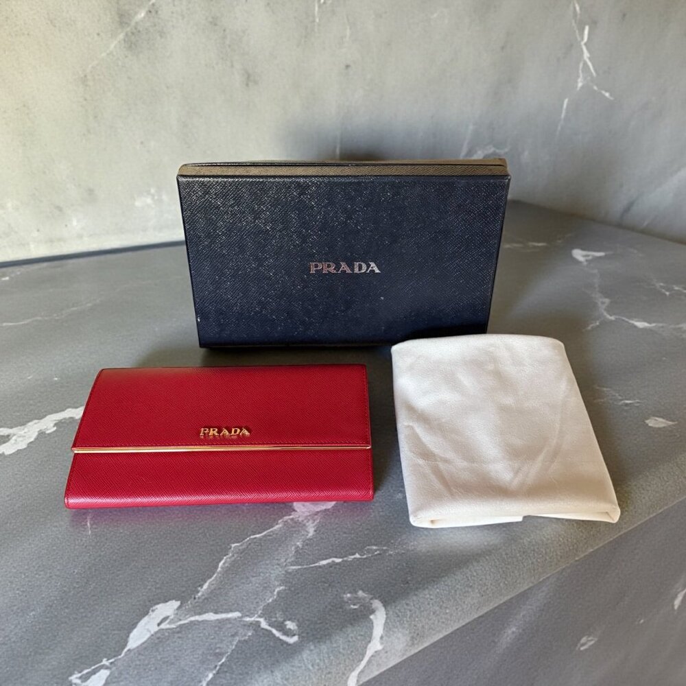 Prada Saffiano Large Red Leather Wallet | Box + COA